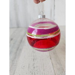 Vintage radko shiny Brite red clear striped ball glitter ornament Xmas